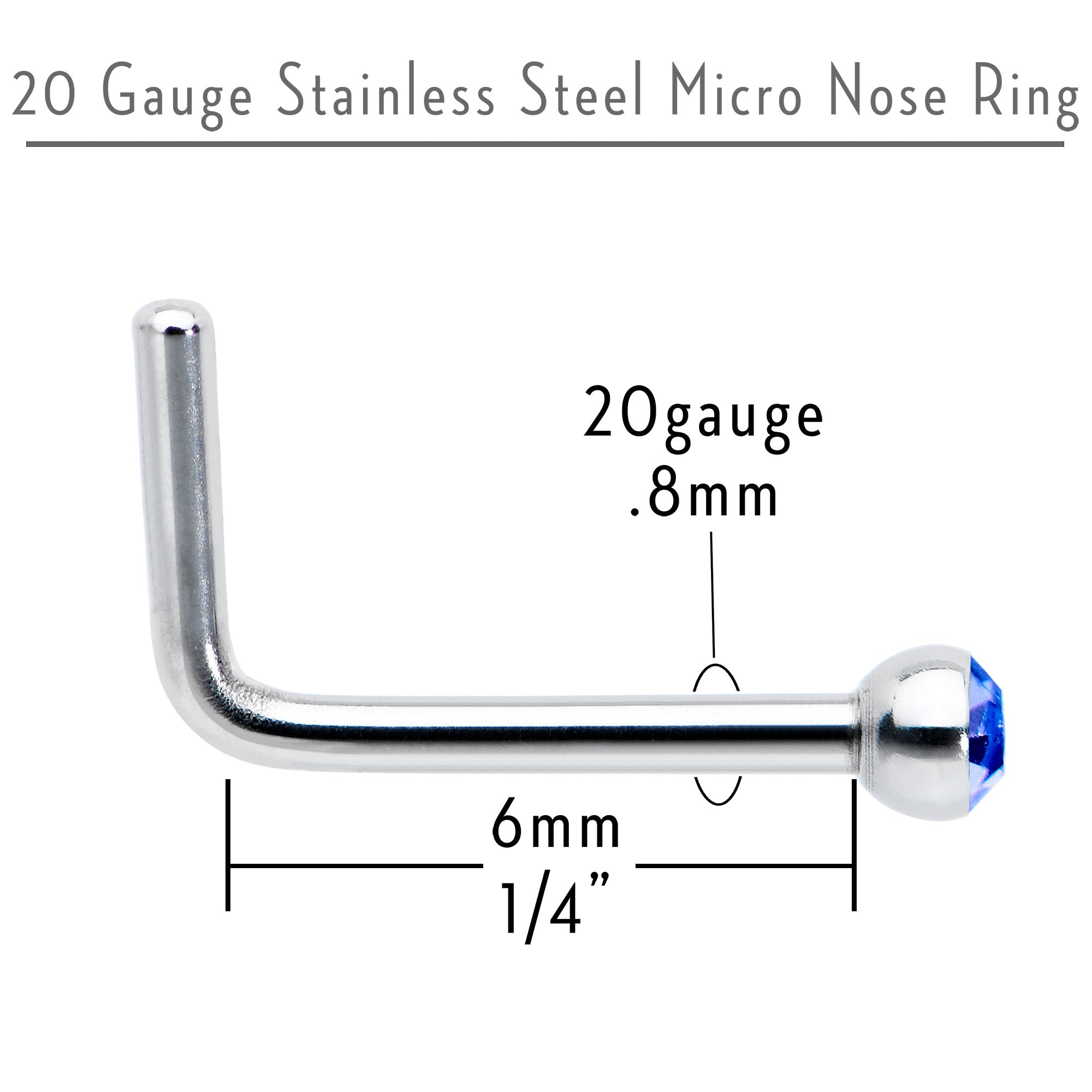 20G Stainless Steel Sapphire Blue Gem Micro Nose Ring L-Shaped