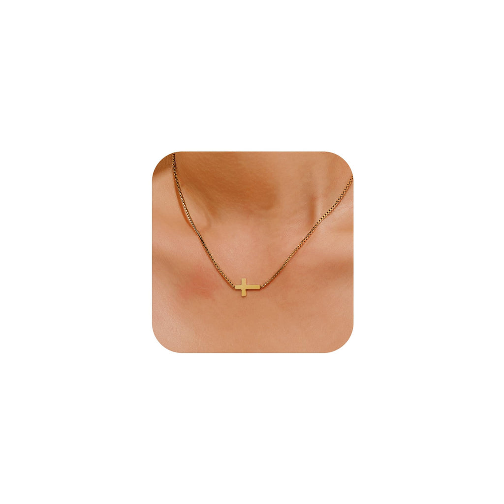 JUTOLOKA 18K Gold Plated Cross Necklace for Women Dainty Small Cross Pendant Choker Simple Trendy Cute Cross Charm Necklace Faith Jewelry Minimalist Religious Gift (Box Sideway Cross Gold)