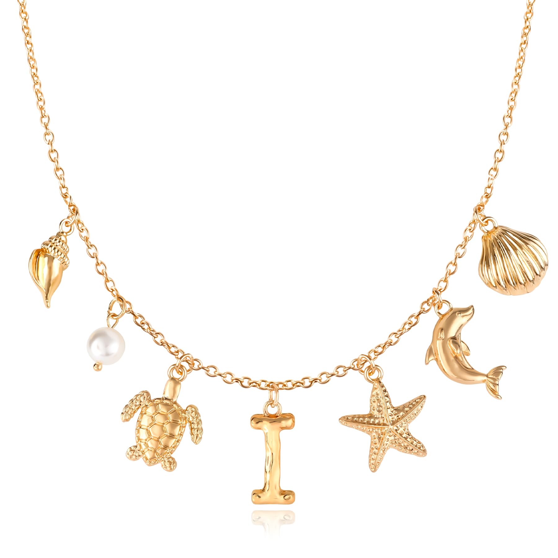 Initial I Charm Necklace For Women Boho Gold Summer Beach Surfer Letter Necklace Starfish Seashell Pearl Turtles Dolphin Charms Pendant Trendy Pendant Alphabet Choker Necklace Jewelry Gifts
