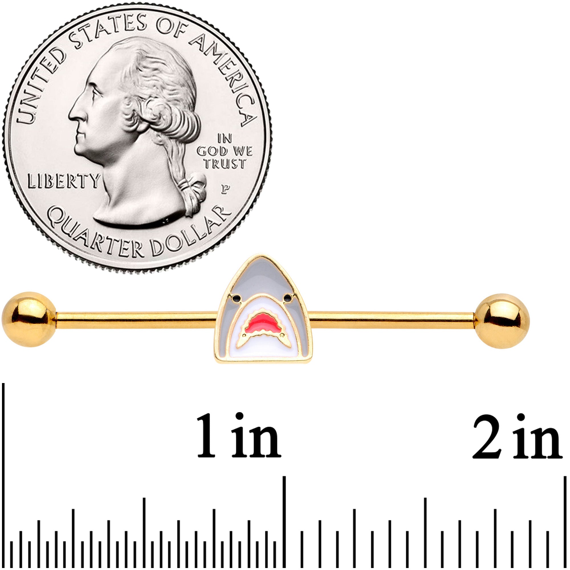 14G Gold Tone Shark Attack Industrial Barbell 38mm