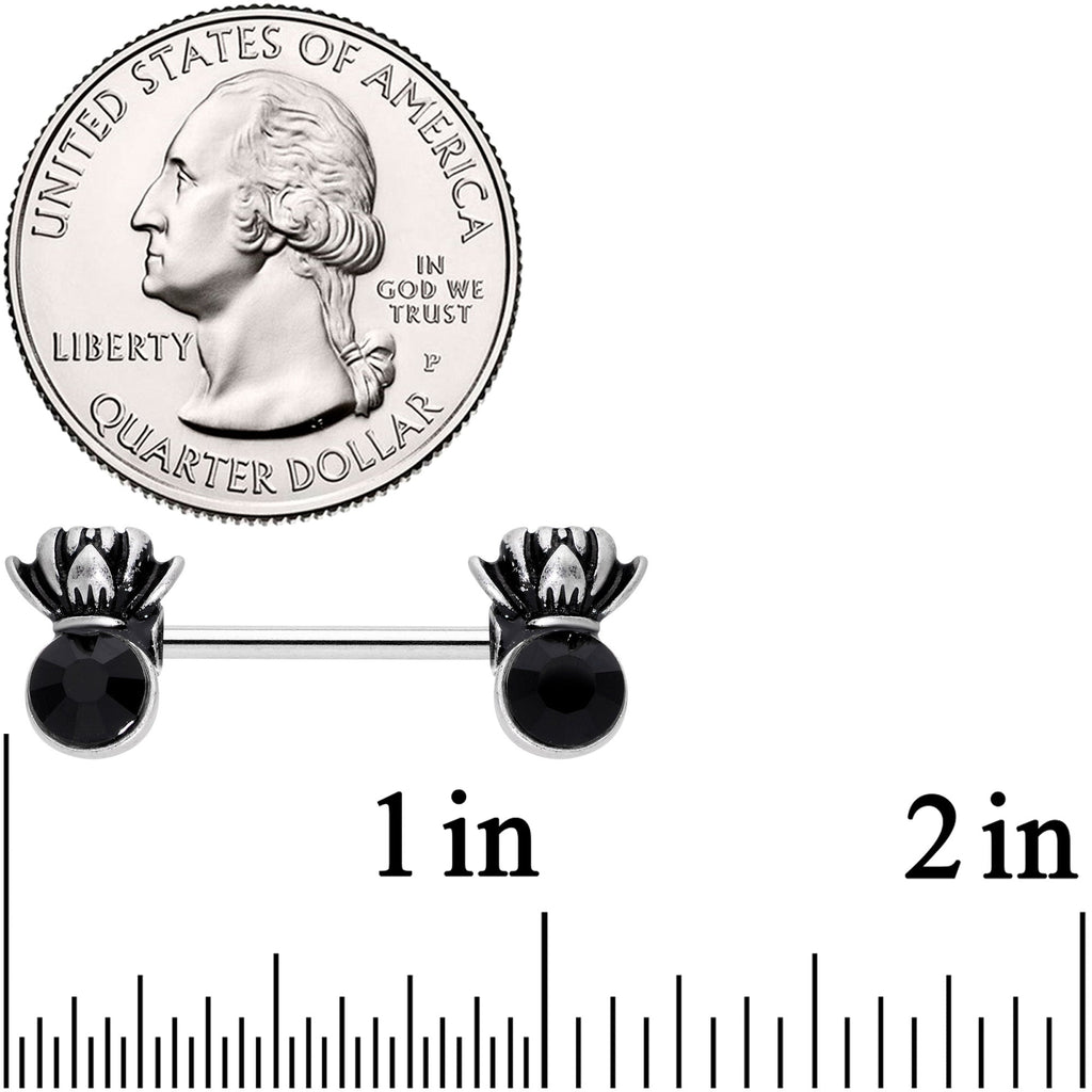 14G 9/16 Black CZ Gem Lotus Flower Crown Barbell Nipple Ring Set