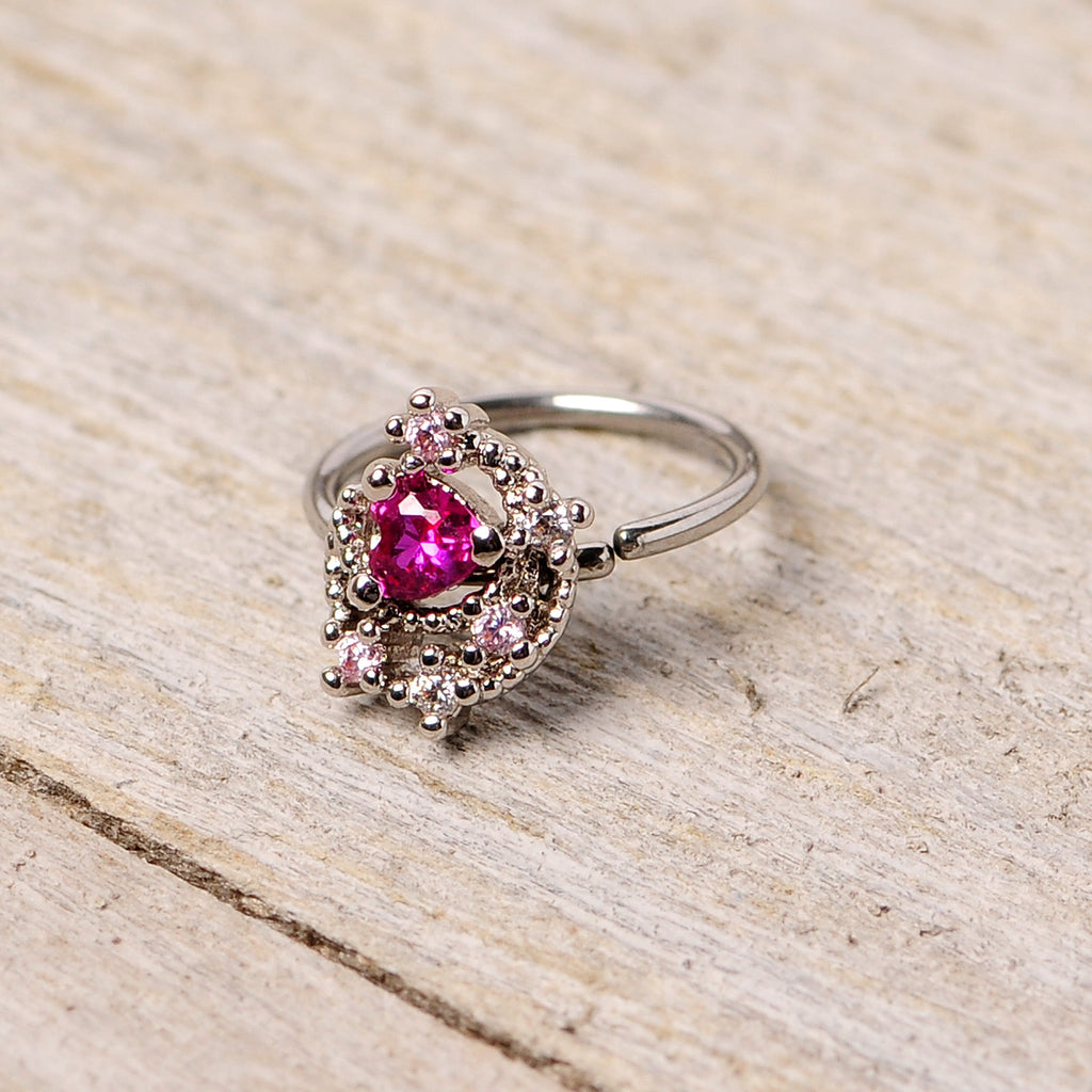 20G 5/16 Clear Pink Gem Crescent Moon Star Nose Hoop