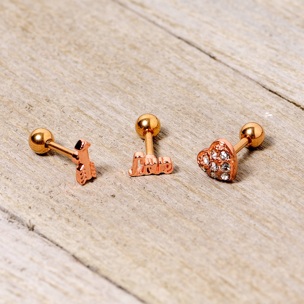 16G 1/4 Clear Gem Rose Gold Tone Plated Valentine Cartilage Set