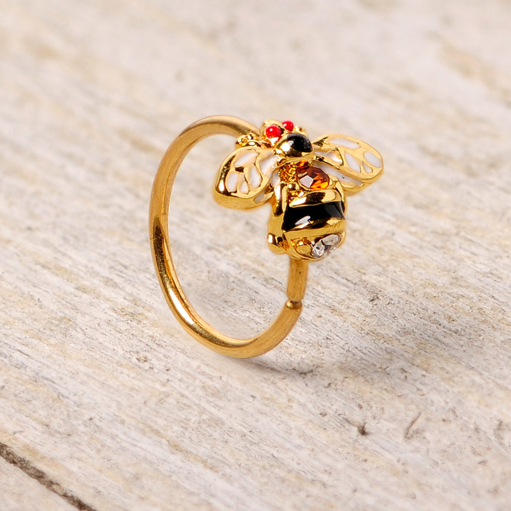 20G 5/16 Clear Yellow Gem Gold Tone Bee Nose Hoop