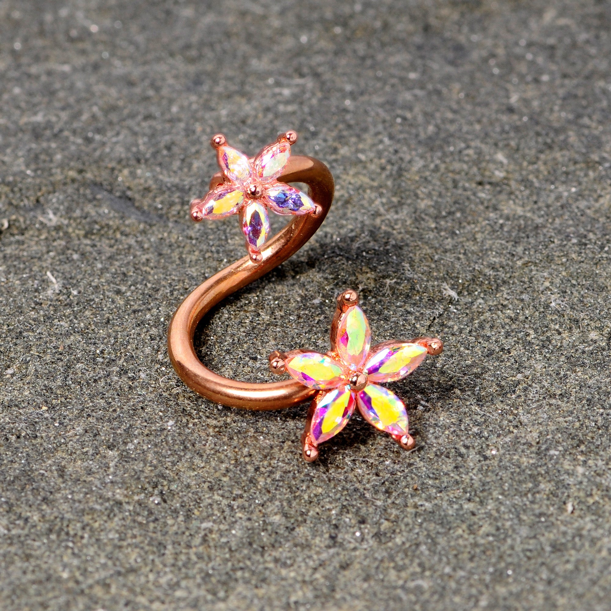 14G Aurora Gem Rose Gold Tone Star Flower Spiral Twister Ring