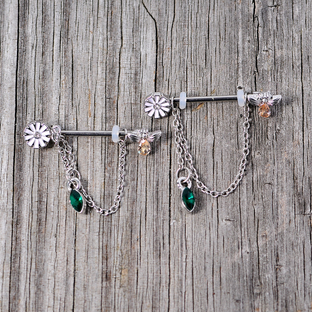 14G 5/8 Green Yellow Gem Flower Bee Dangle Nipple Ring Set