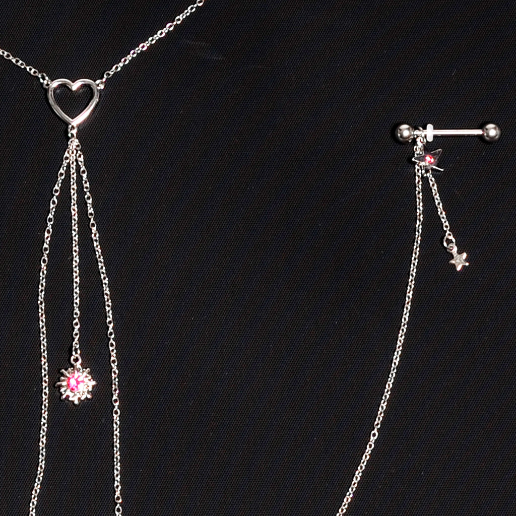 14G 5/8 Pink Gem Sun Heart Star Nipple Chain Necklace