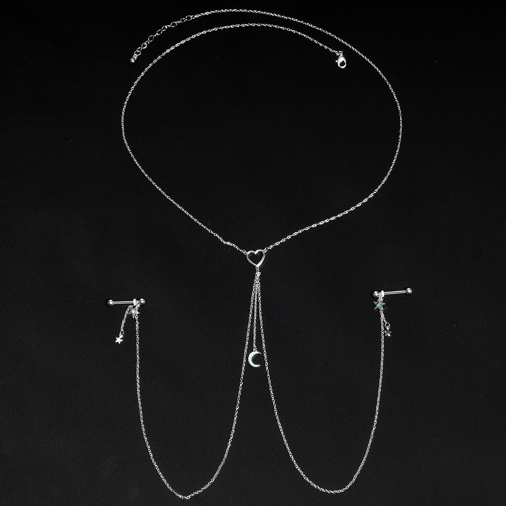 14G 5/8 Blue Gem Moon Heart Star Nipple Chain Necklace