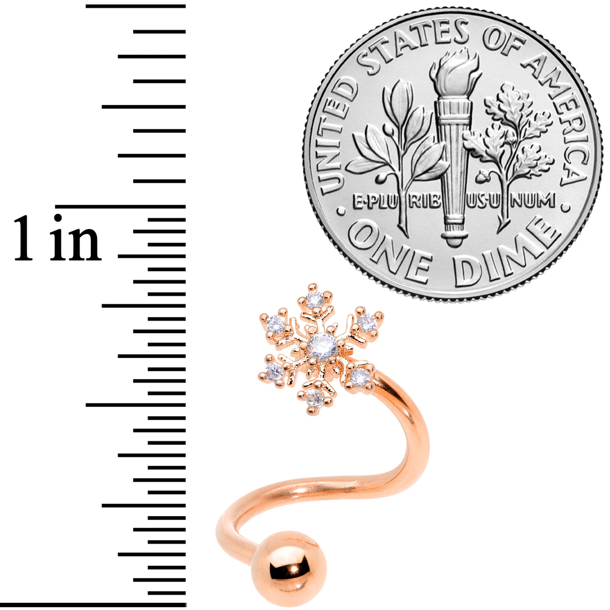 14G 3/8 Clear CZ Gem Rose Gold Tone Snowflake Spiral Belly Ring