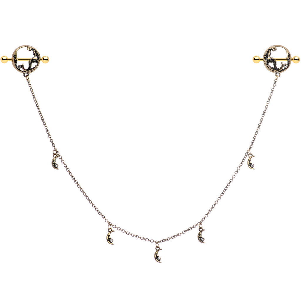 14G Clear Gem Gold Tone Moon Mermaid Nipple Shield Dangle Chain