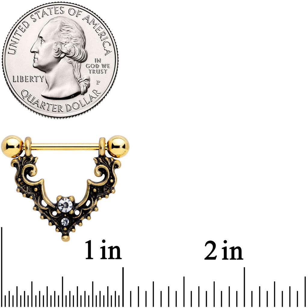 14G 9/16 Clear Gem Gold Tone Baroque Bat Nipple Shield Set