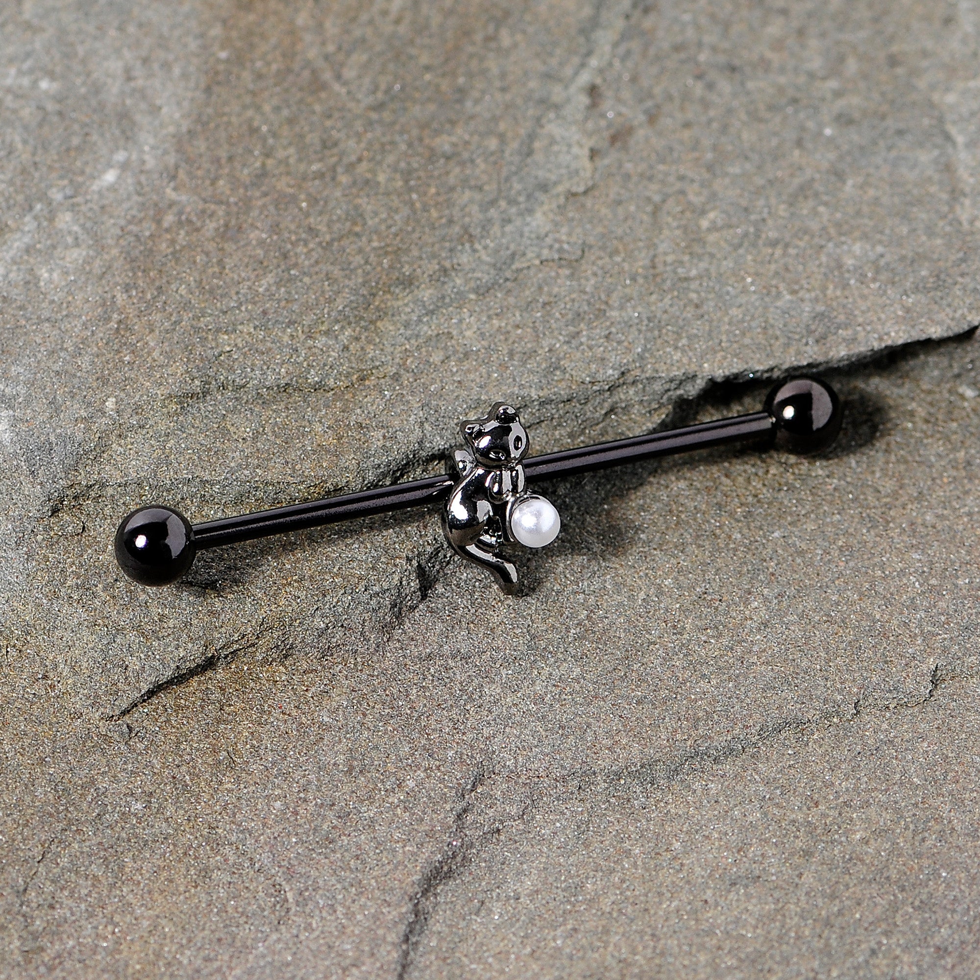 14G Black White Gem Black Cat Halloween Industrial Barbell 38mm