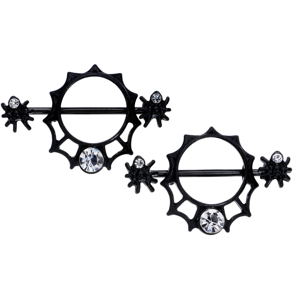 14G 24mm Clear Gem Spider Web Halloween Nipple Shield Set