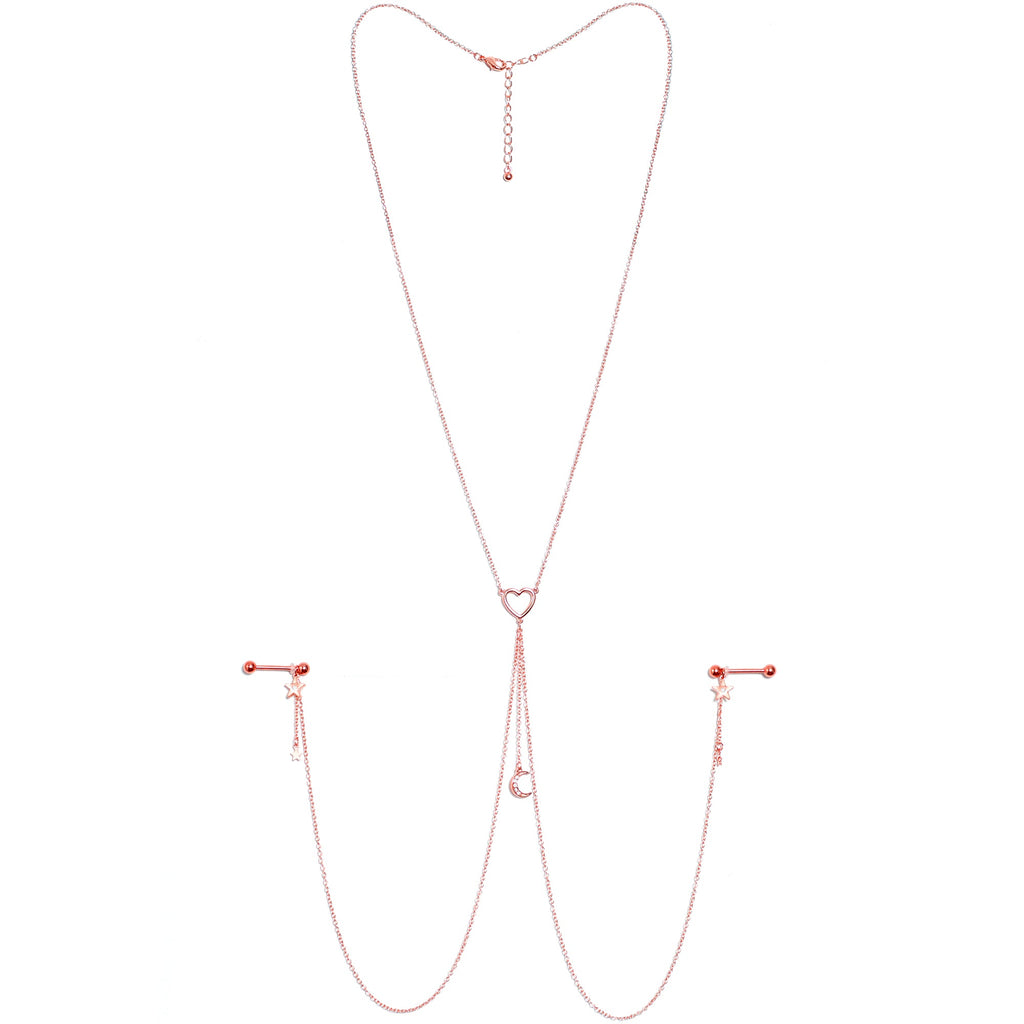 14G 5/8 Clear Gem Rose Gold Hue Star Moon Nipple Chain Necklace