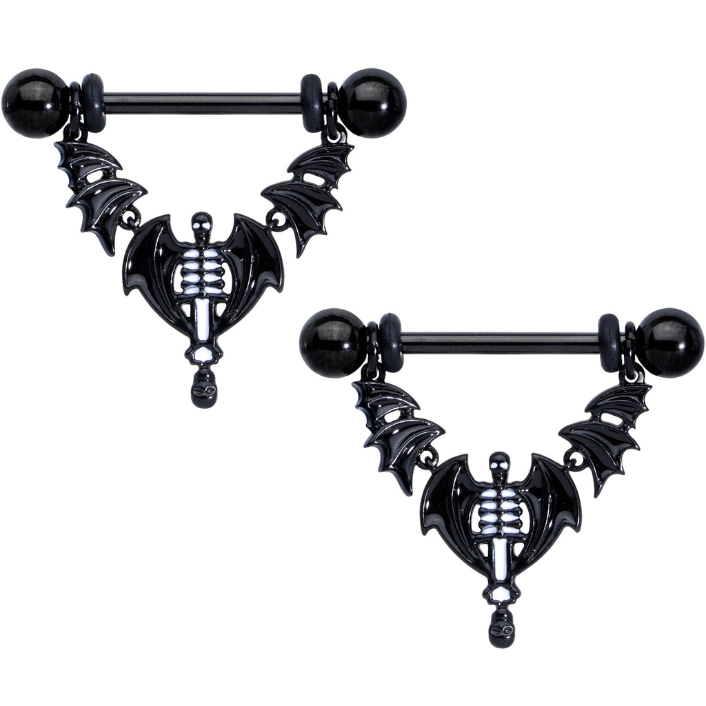 14G 9/16 Black Winged Skeleton Halloween Dangle Nipple Ring Set