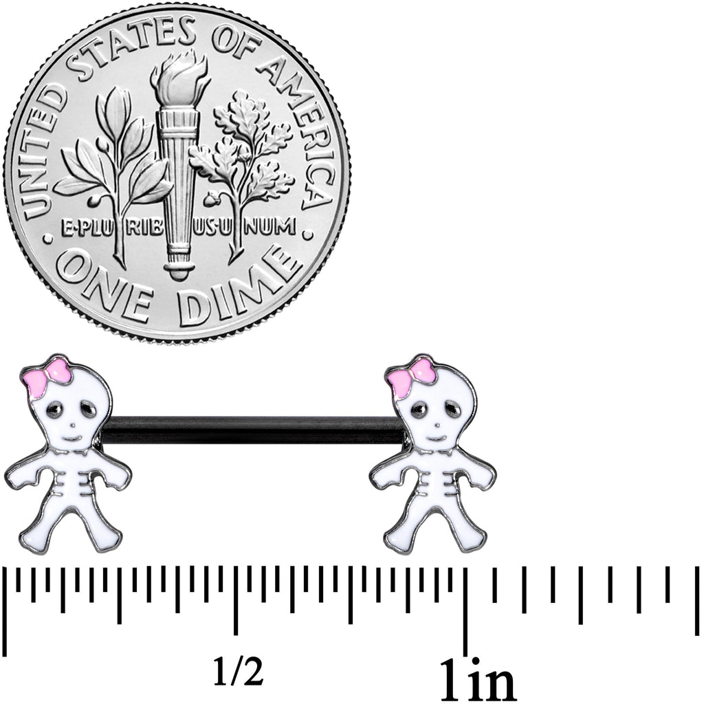 14G 9/16 Black Skeleton Girl Halloween Barbell Nipple Ring Set