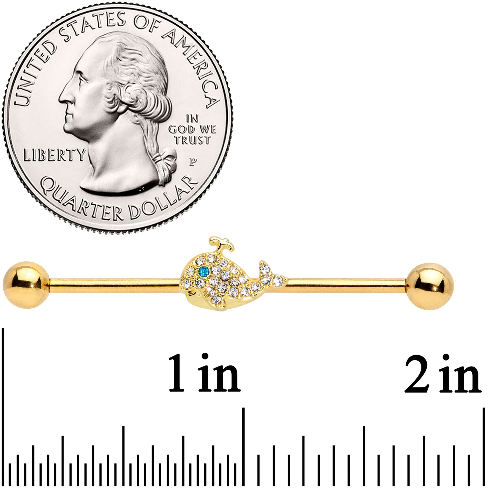 14G Clear Aqua Gem Gold Tone Whale Industrial Barbell 38mm