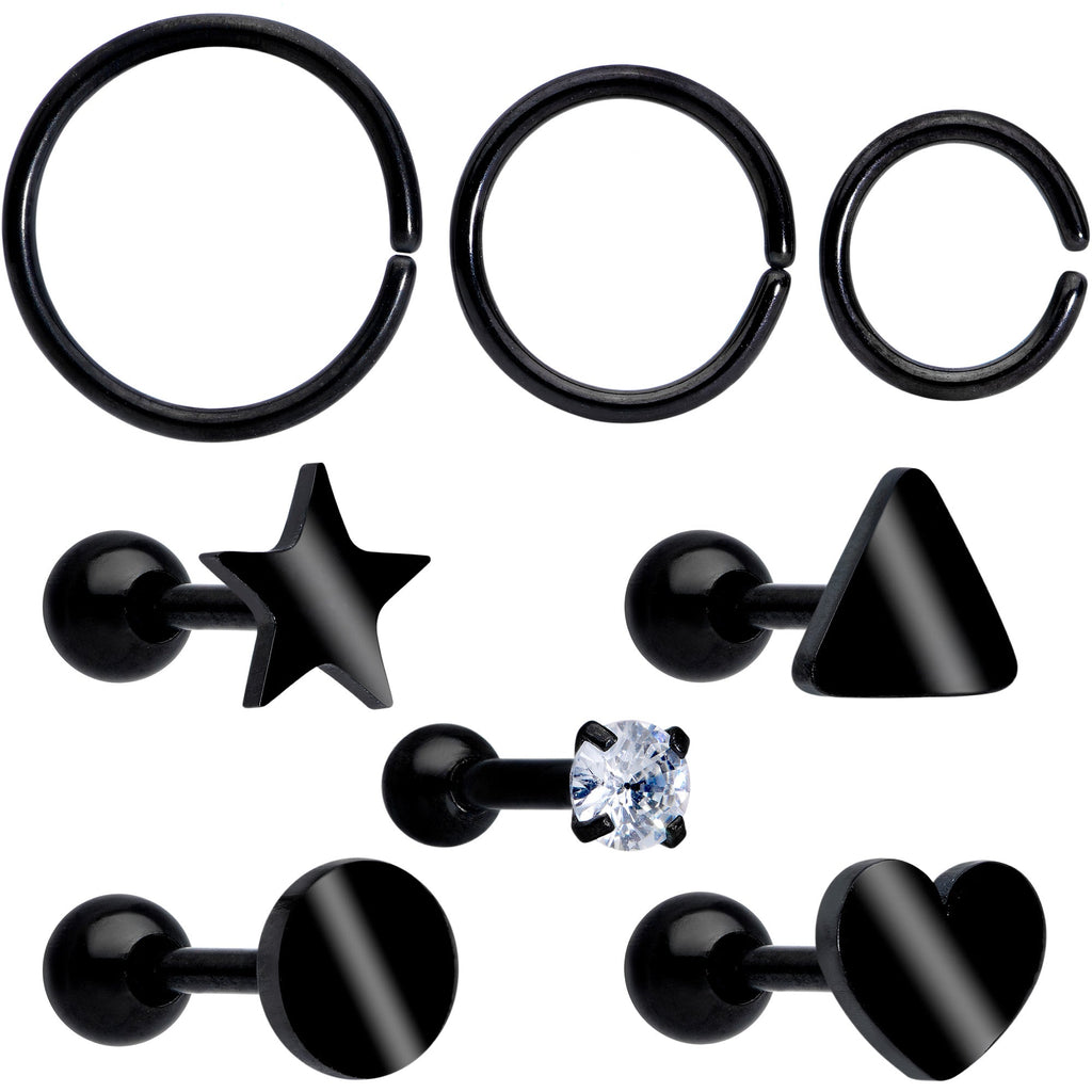 18G Clear CZ Gem Black Heart Cartilage Tragus Set of 8