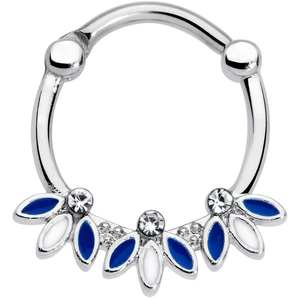 16G 3/8 Clear Gem White Blue Leaves Septum Clicker
