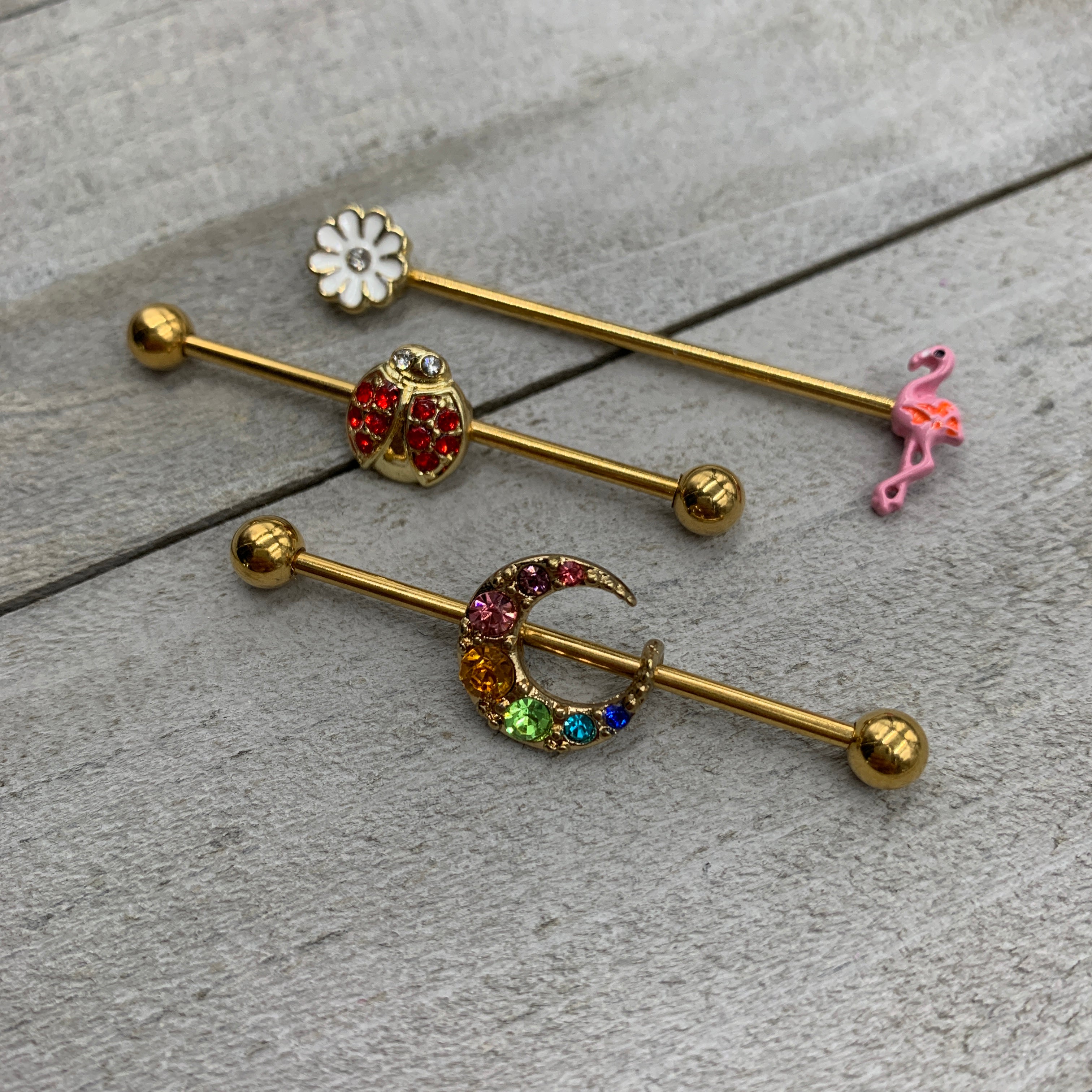 14G Rainbow Gem Gold Tone Crescent Moon Industrial Barbell 38mm