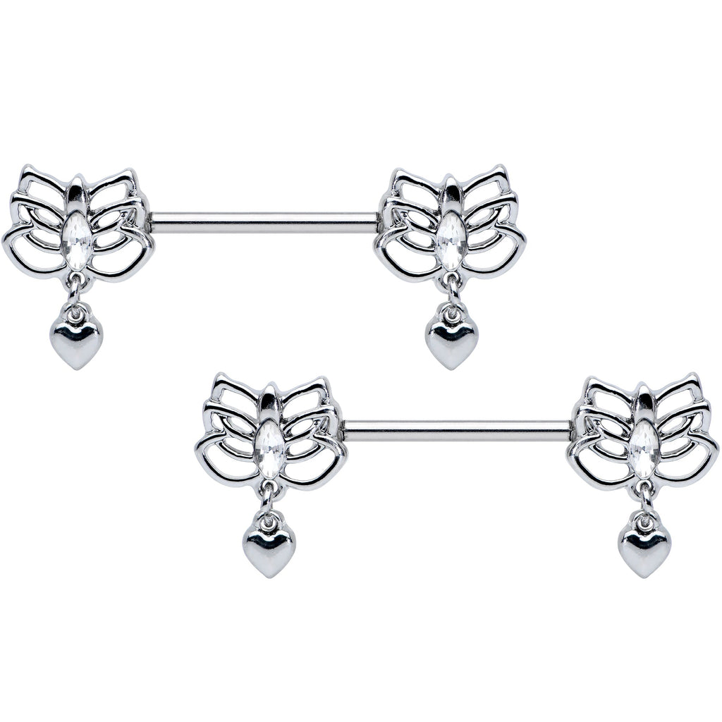 14G 5/8 Clear Gem Lotus Heart Dangle Barbell Nipple Ring Set