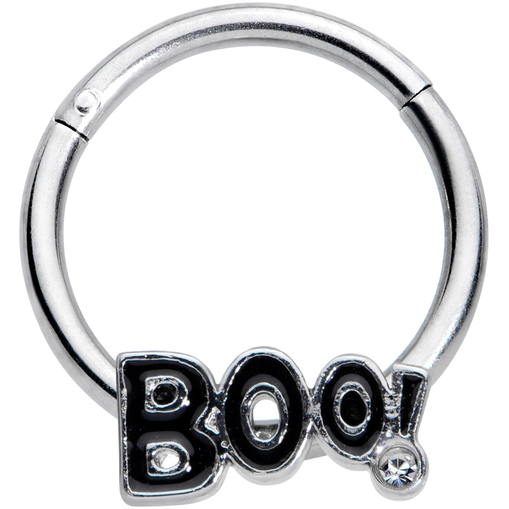 16G 3/8 Clear Gem Black Boo Halloween Hinged Segment Ring