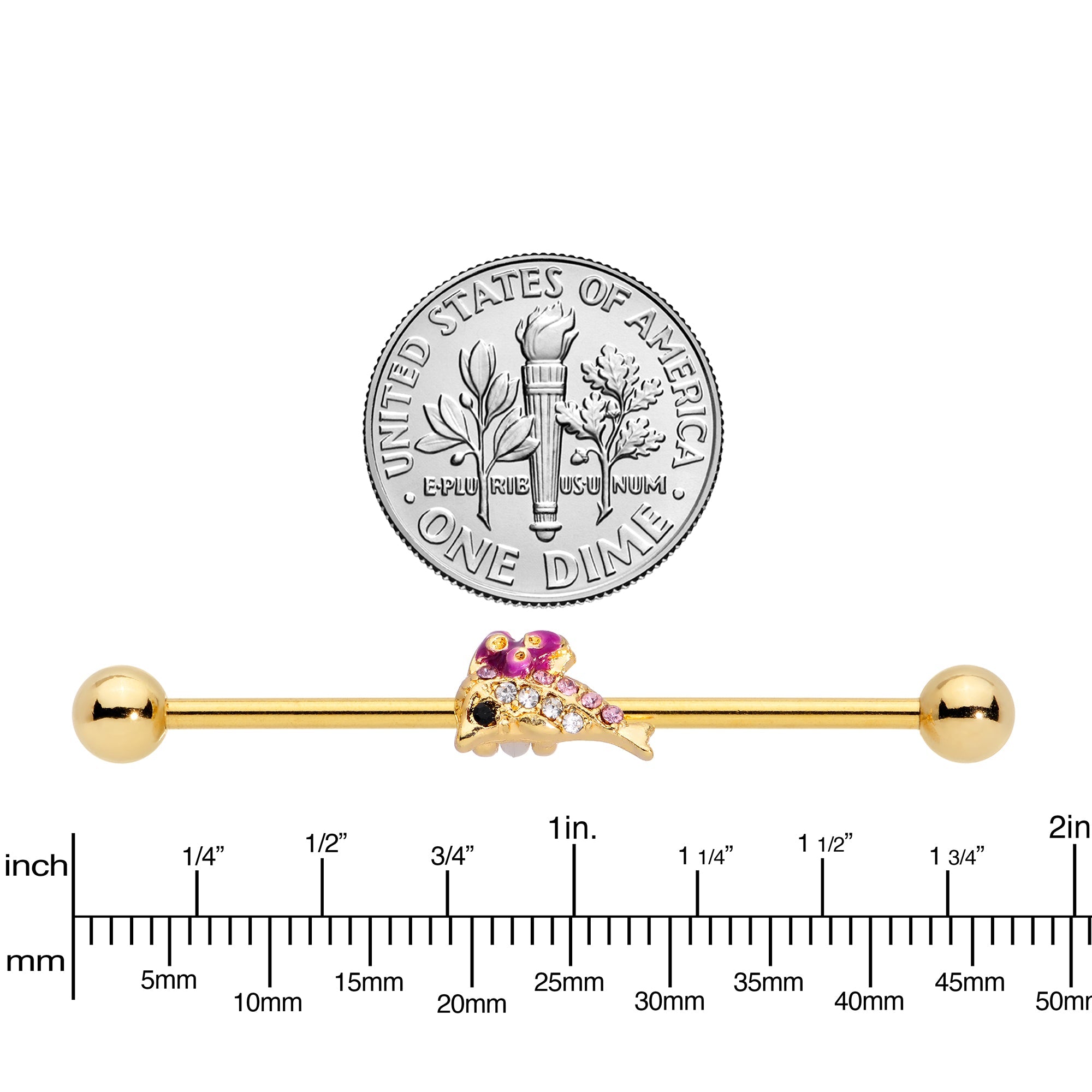 14G Purple Gem Gold Tone Dainty Dolphin Industrial Barbell 38mm