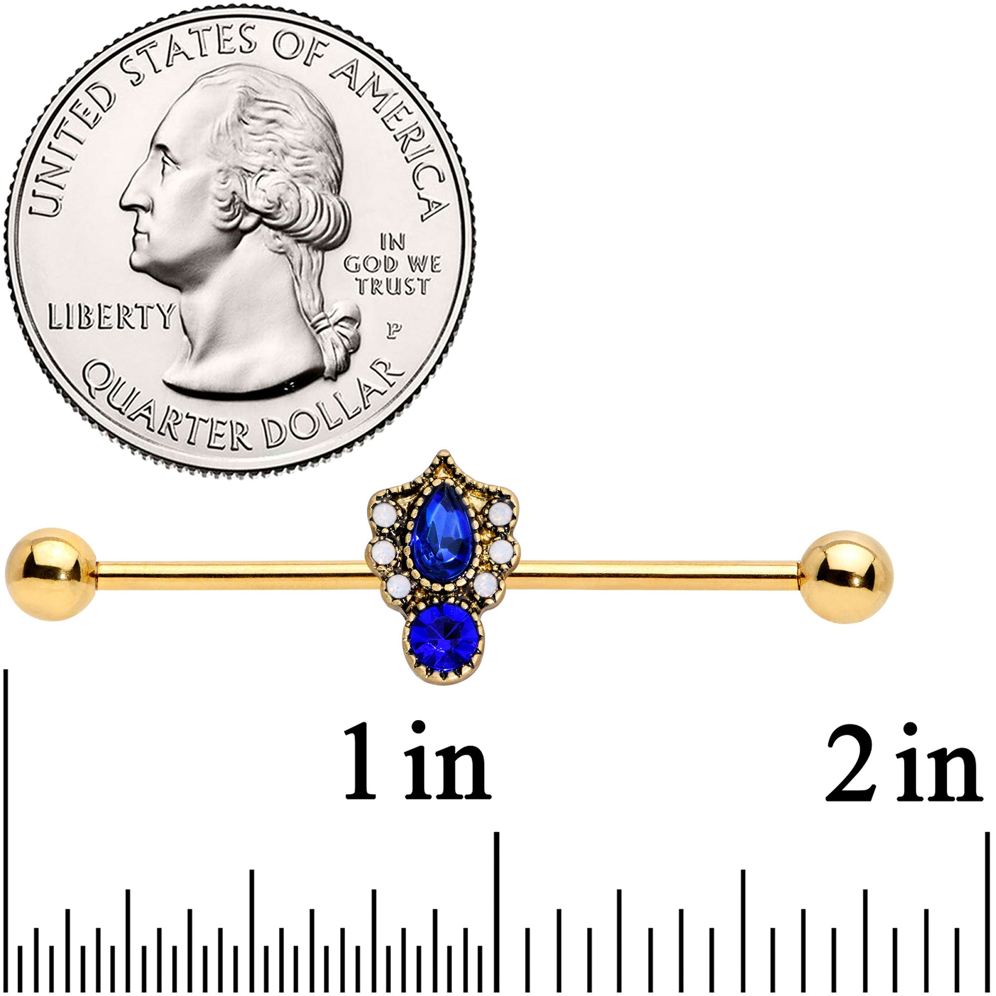 14G Blue Gem Gold Tone Heirloom Teardrop Industrial Barbell 38mm