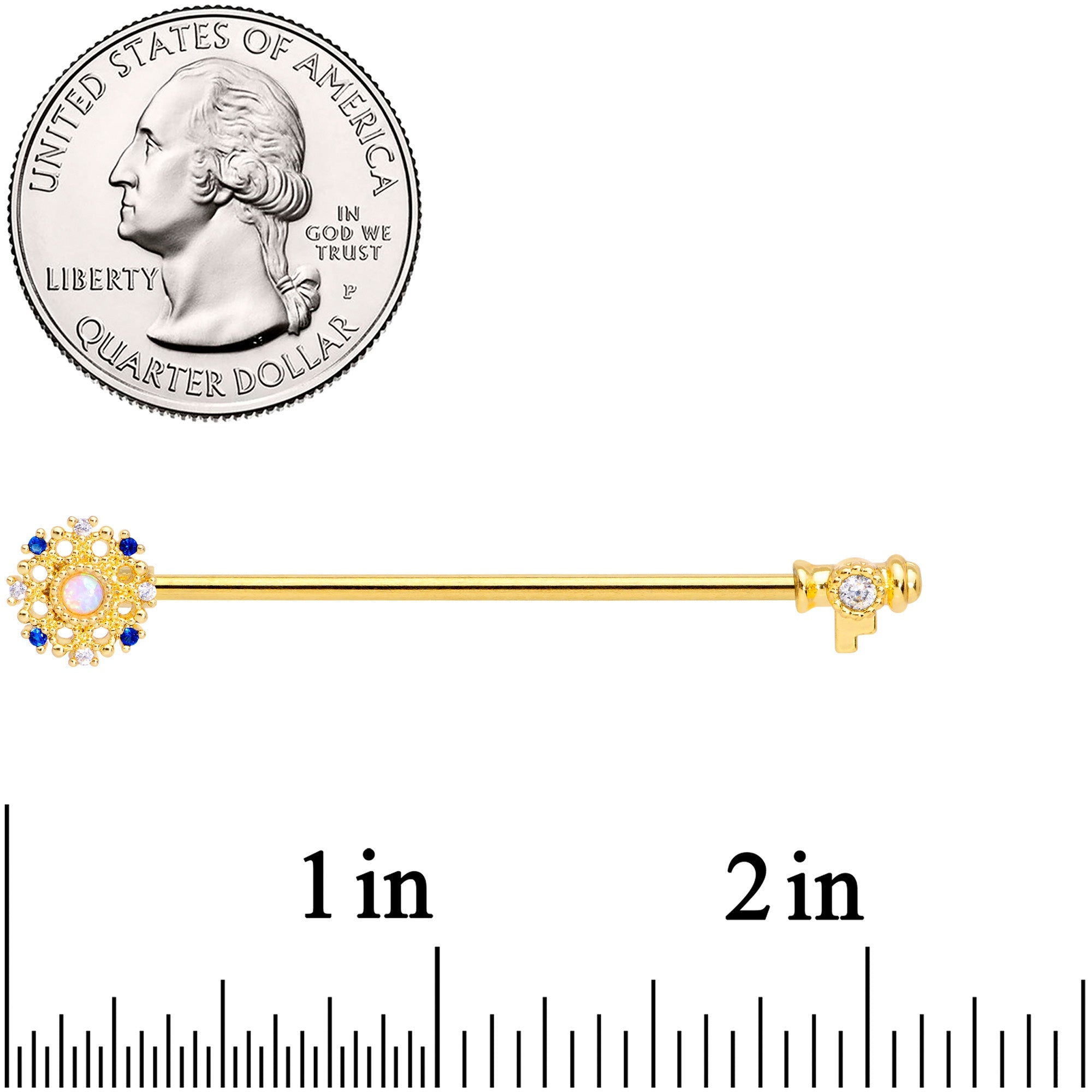 14G White Synthetic Opal Gold Tone Key Industrial Barbell 38mm