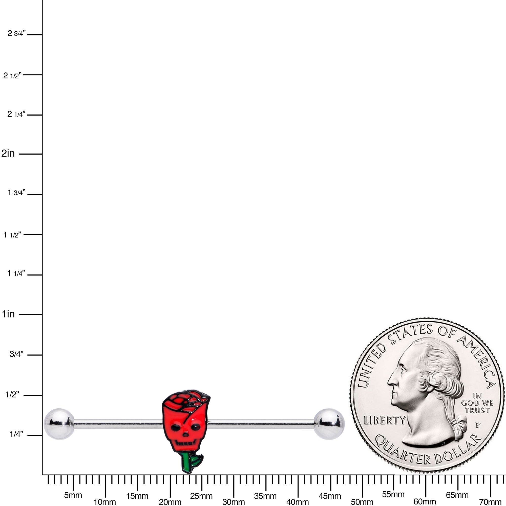 14G Skull Red Rose Valentines Industrial Barbell 38mm