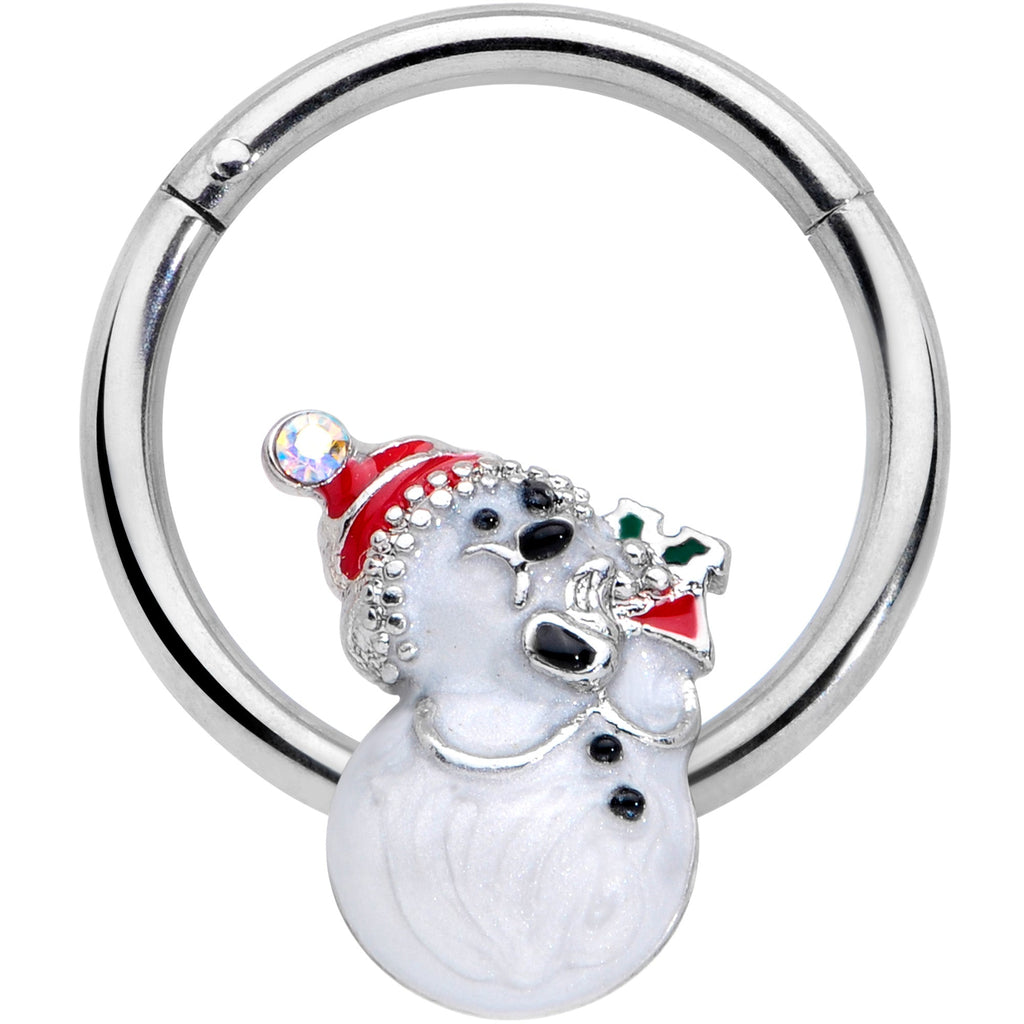 16G 3/8 Clear Gem Snowman Christmas Hinged Segment Ring