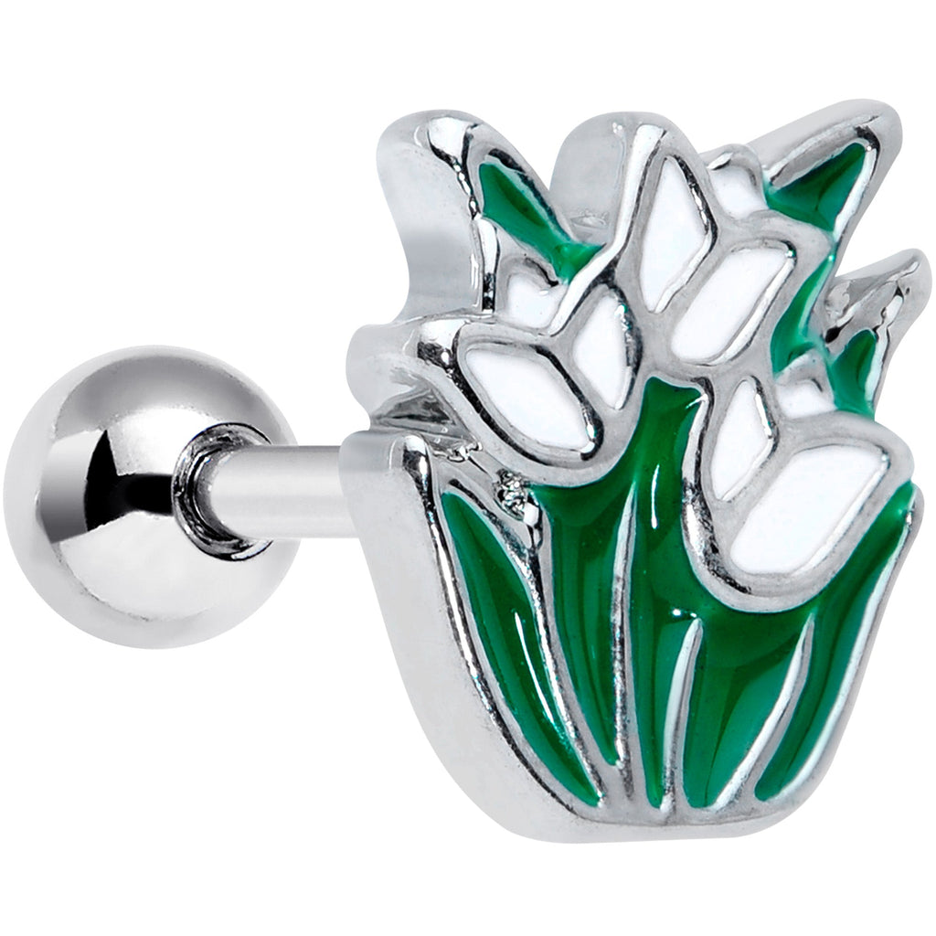 16G 1/4 Springtime White Tulip Flowers Cartilage Tragus Earring
