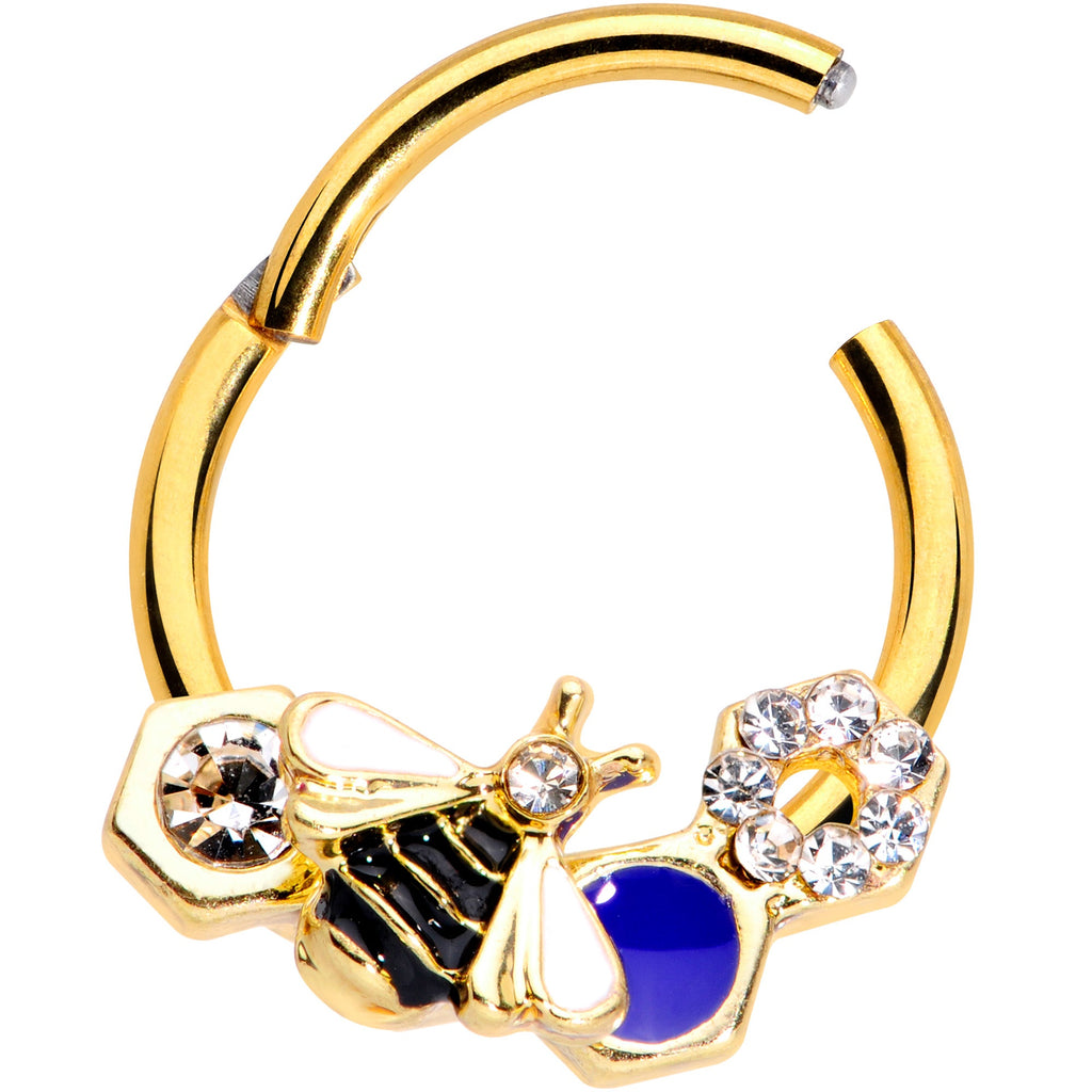 16G 3/8 Clear CZ Gem Gold Tone Lovely Bee Hinged Segment Ring