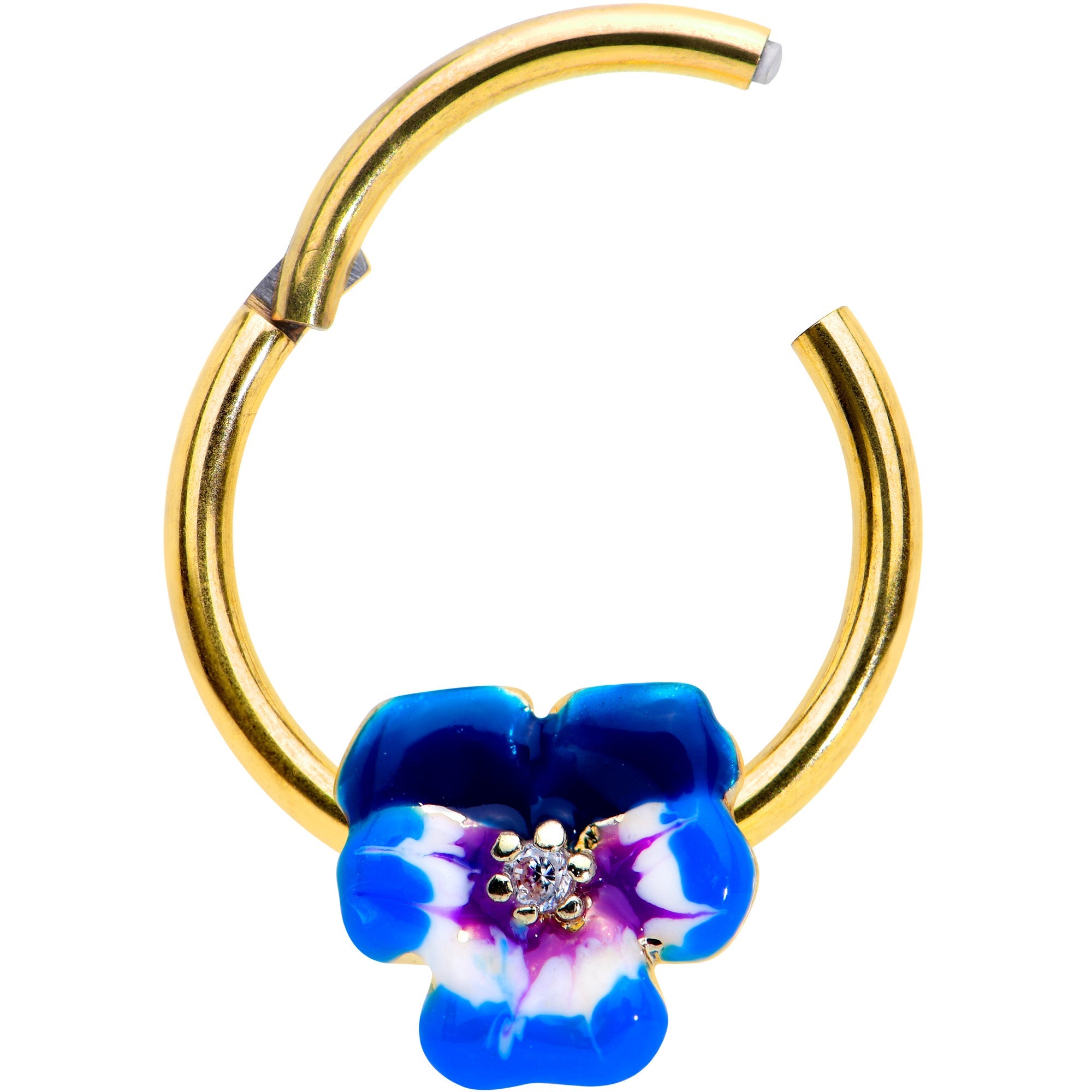 16G 3/8 Clear CZ Gem Gold Tone Spring Flower Hinged Segment Ring