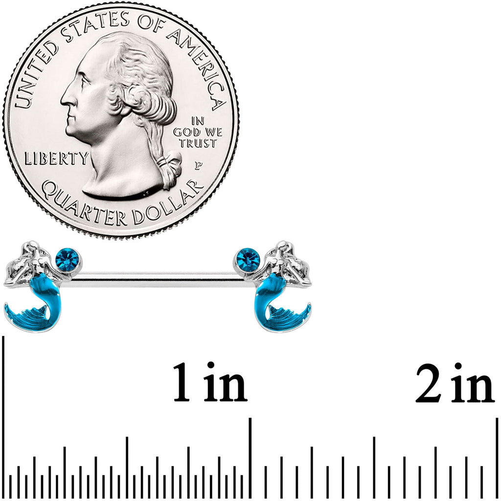 14G 9/16 Aqua Gem Blue Mermaid Barbell Nipple Ring Set