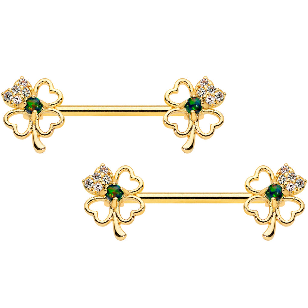 14G 9/16 Green Synthetic Opal Gold Tone Shamrock Nipple Ring Set