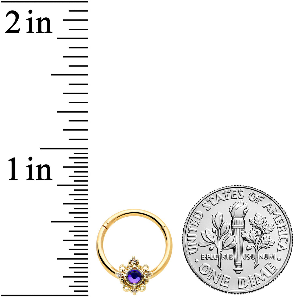 16G 3/8 Purple Tourmaline Gold Tone Filigree Hinged Segment Ring