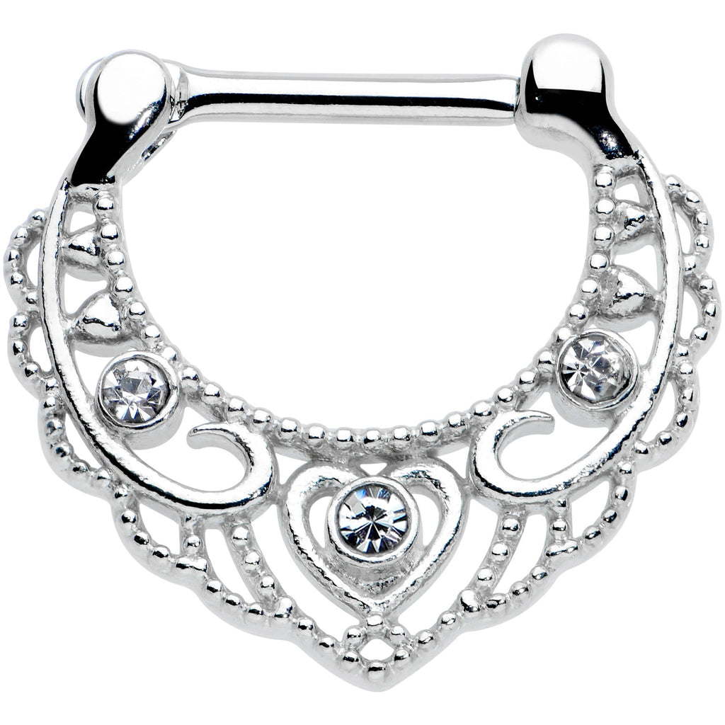 16G 5/16 Clear Gem Textured Baroque Heart Cartilage Clicker