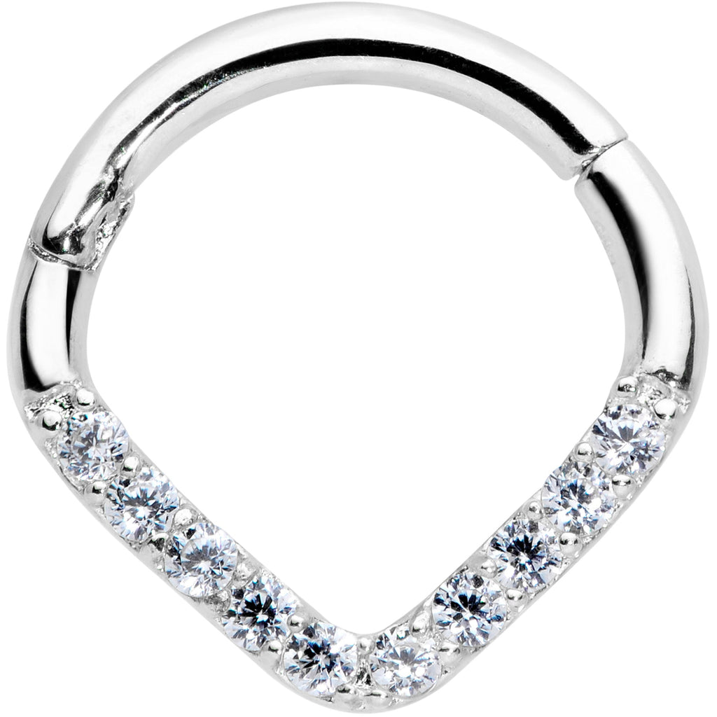 16G 5/16 14k White Gold Clear CZ Gem Chevron Hinged Segment Ring