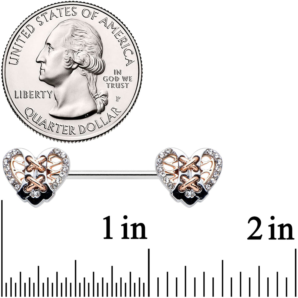 14G 9/16 Clear Gem Tie Me Up Corset Heart Barbell Nipple Ring Set