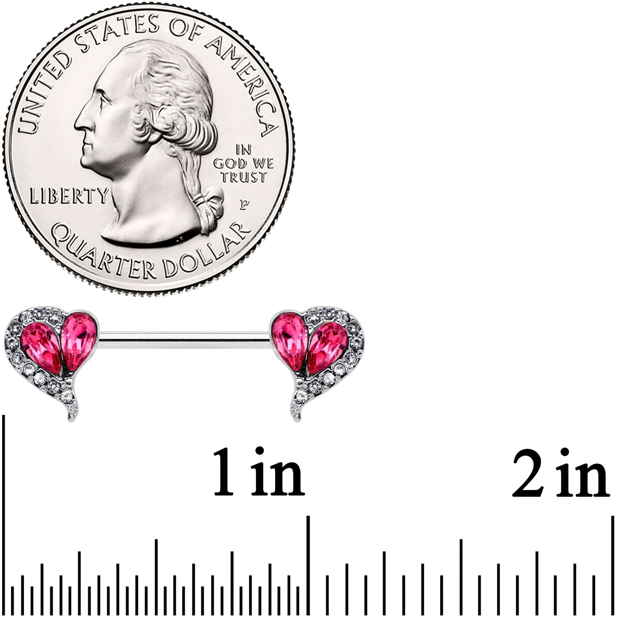 14G 9/16 Clear Pink Gem Curve Heart Valentines Nipple Ring Set