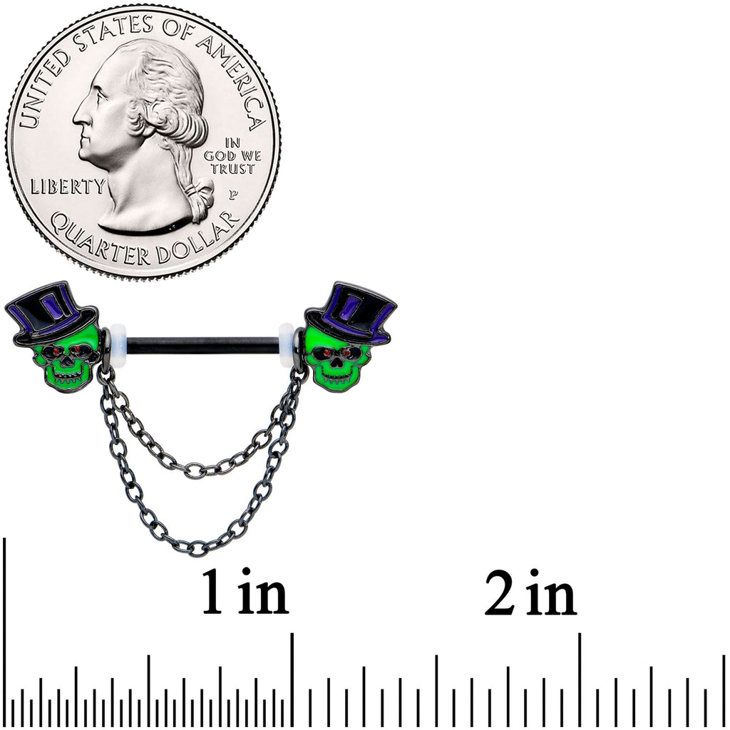14G Green Top Hat Skull Halloween Dangle Nipple Ring Set
