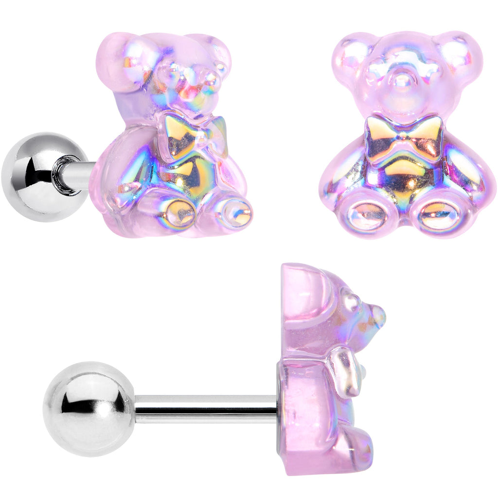 16G 1/4 Bear Pearlescent Purple Heart Cartilage Tragus Curation Set of 3
