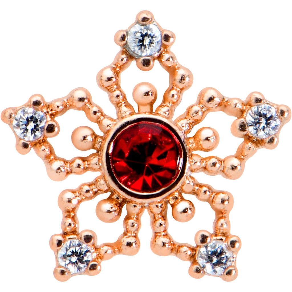 16G 5/16 Red Gem Rose Gold Tone Texture Snowflake Labret Tragus