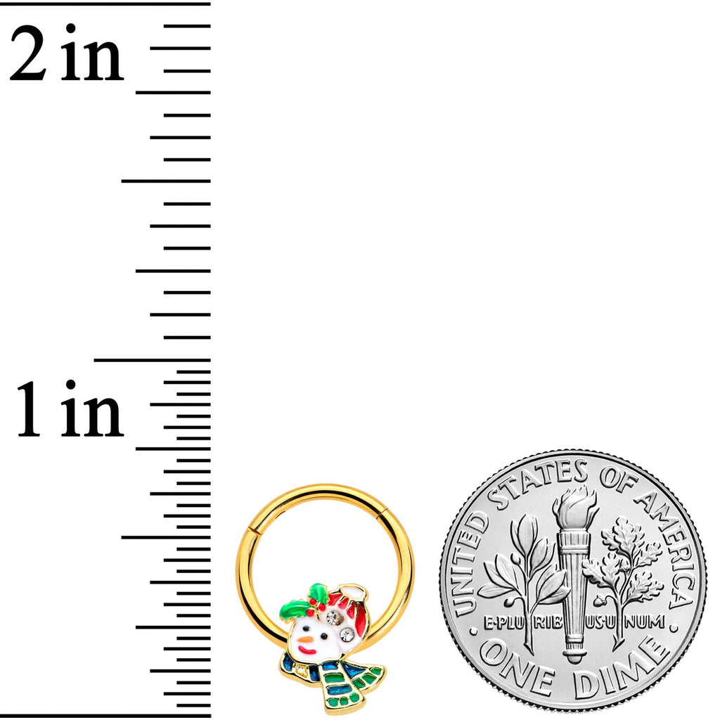 16G 3/8 Clear Gem Gold Tone Happy Snowman Hinged Segment Ring