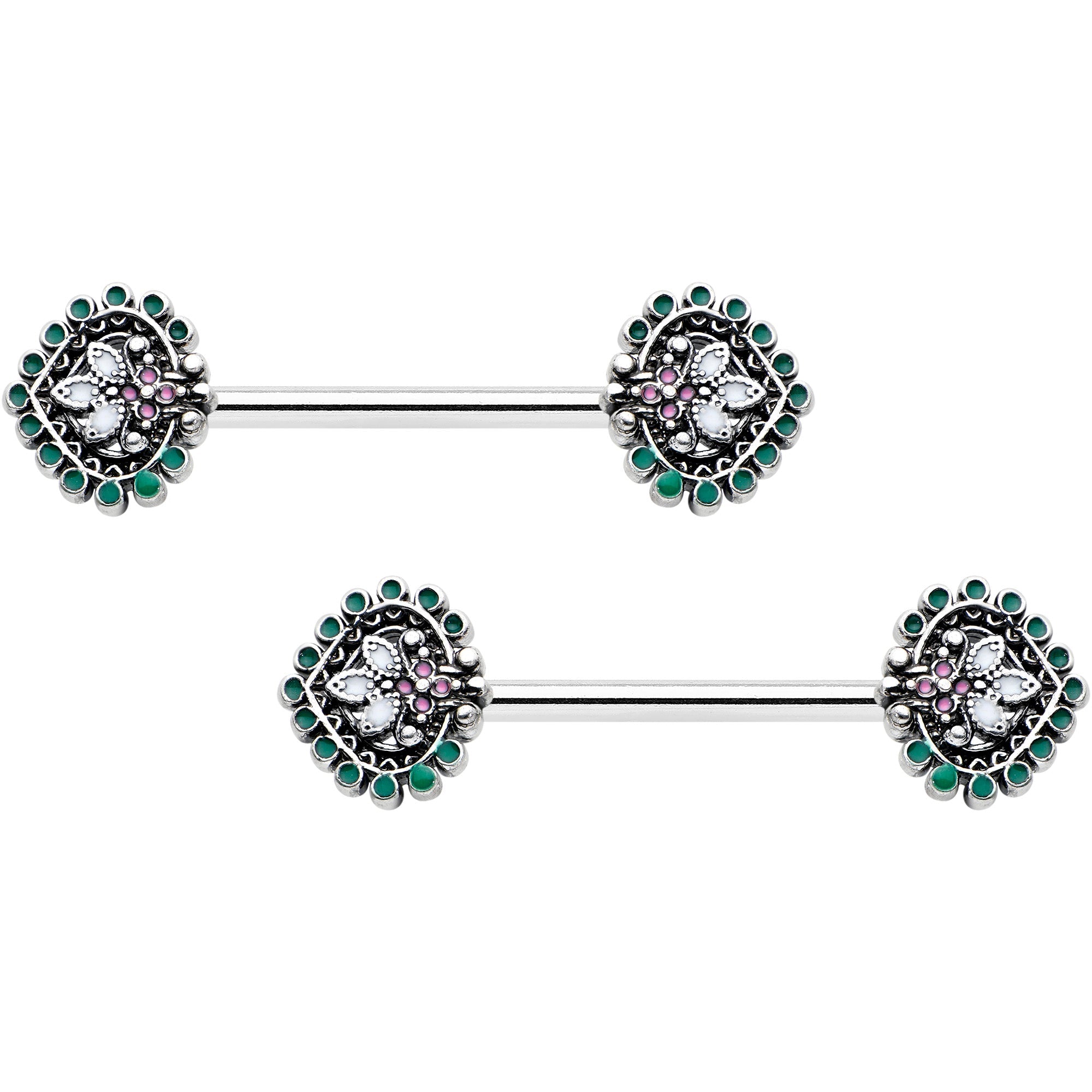 14G 9/16 Stylized Pink Green Leaf Barbell Nipple Ring Set