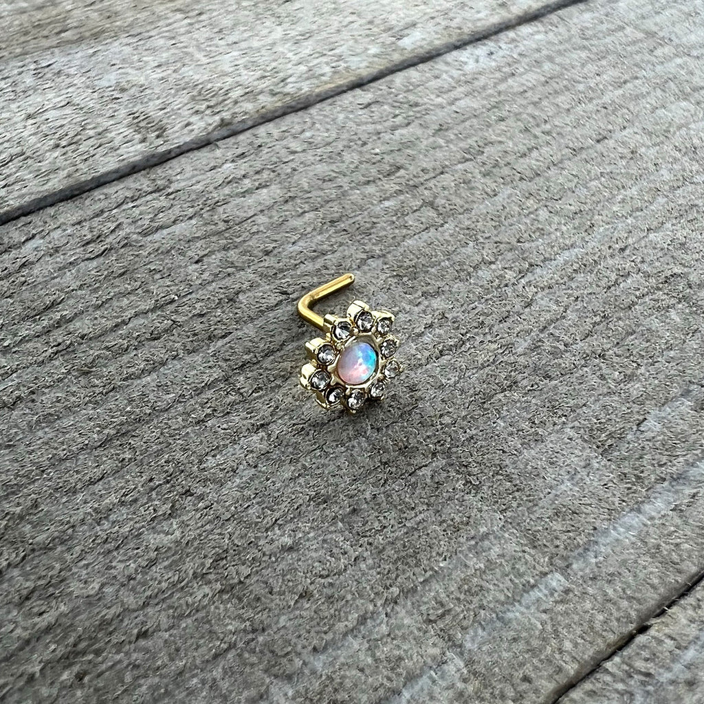 20G 7mm White Faux Opal Gold Tone Heart Sun L Shape Nose Ring