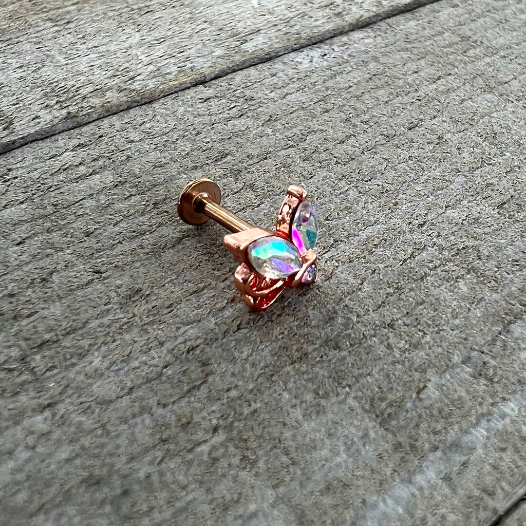 16G 5/16 Aurora CZ Gem Rosy Tone Fleur de Lis Butterfly Labret Monroe Tragus
