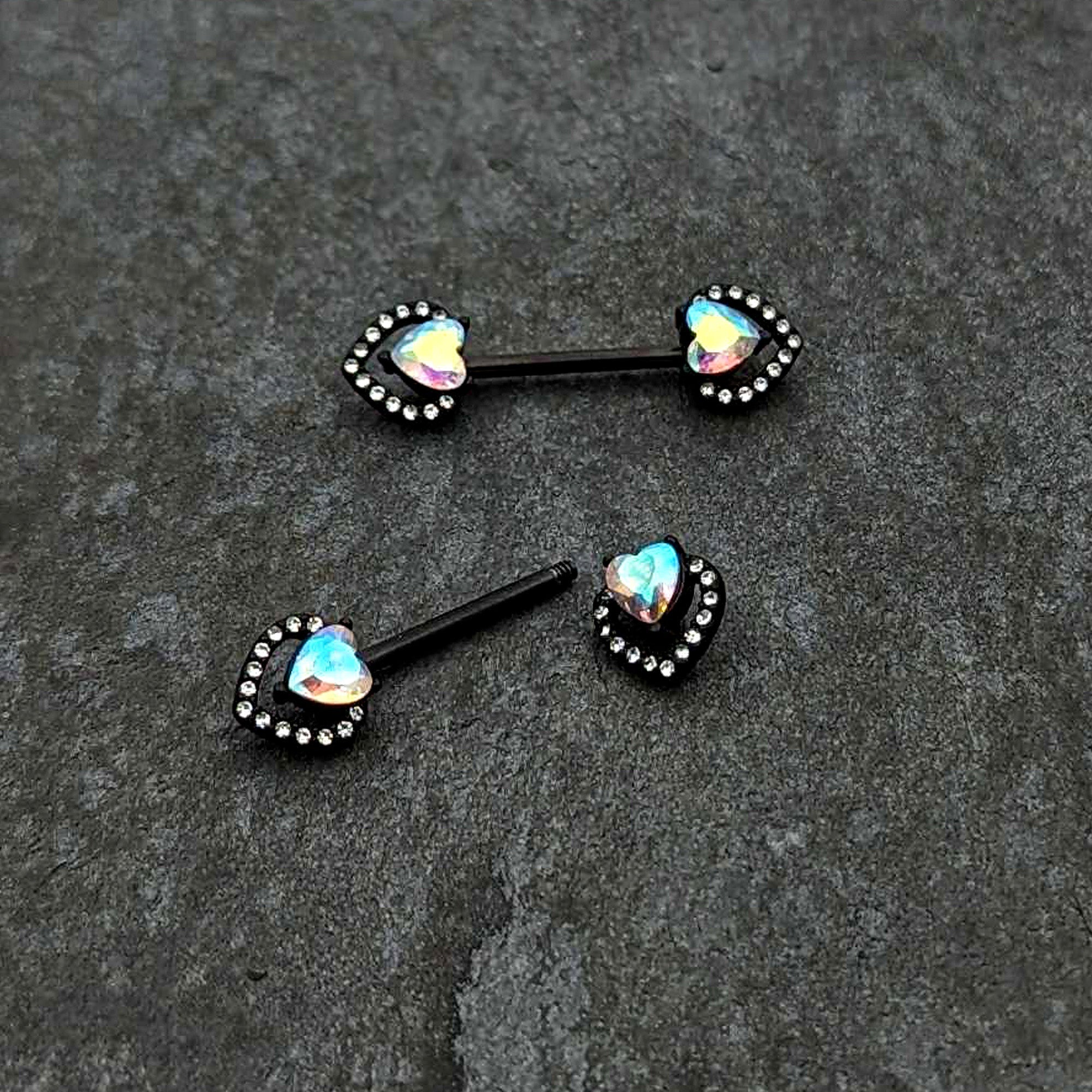 14 G 9/16 Aurora Gem Black Rococo Heart Barbell Nipple Ring Set