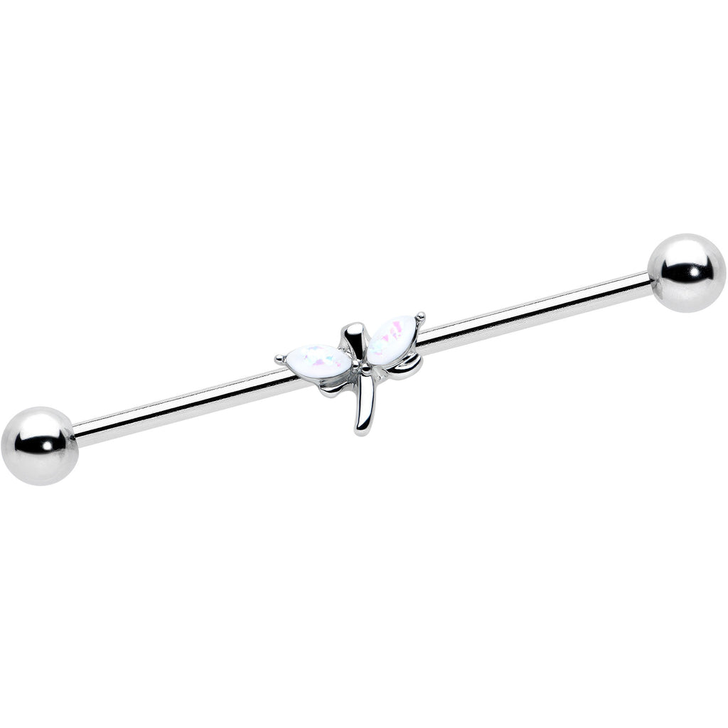 14G White Faux Opal Simple Style Dragonfly Industrial Barbell 38mm